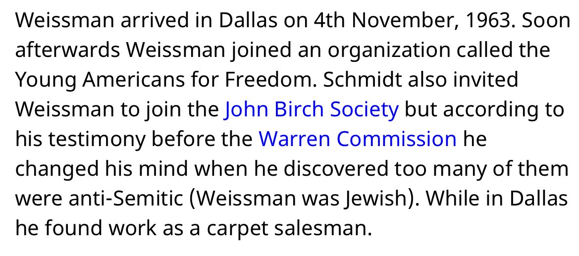 “Weissman was Jewish” so its pretty obvious that the Anti-Semitic members of the JohnBirchSociety (and potential other groups) that wrote this Ad wanted the naive Jewish guy to take the fall for it, but why place it in the first place? Why draw attention to this info? 99% of 1/