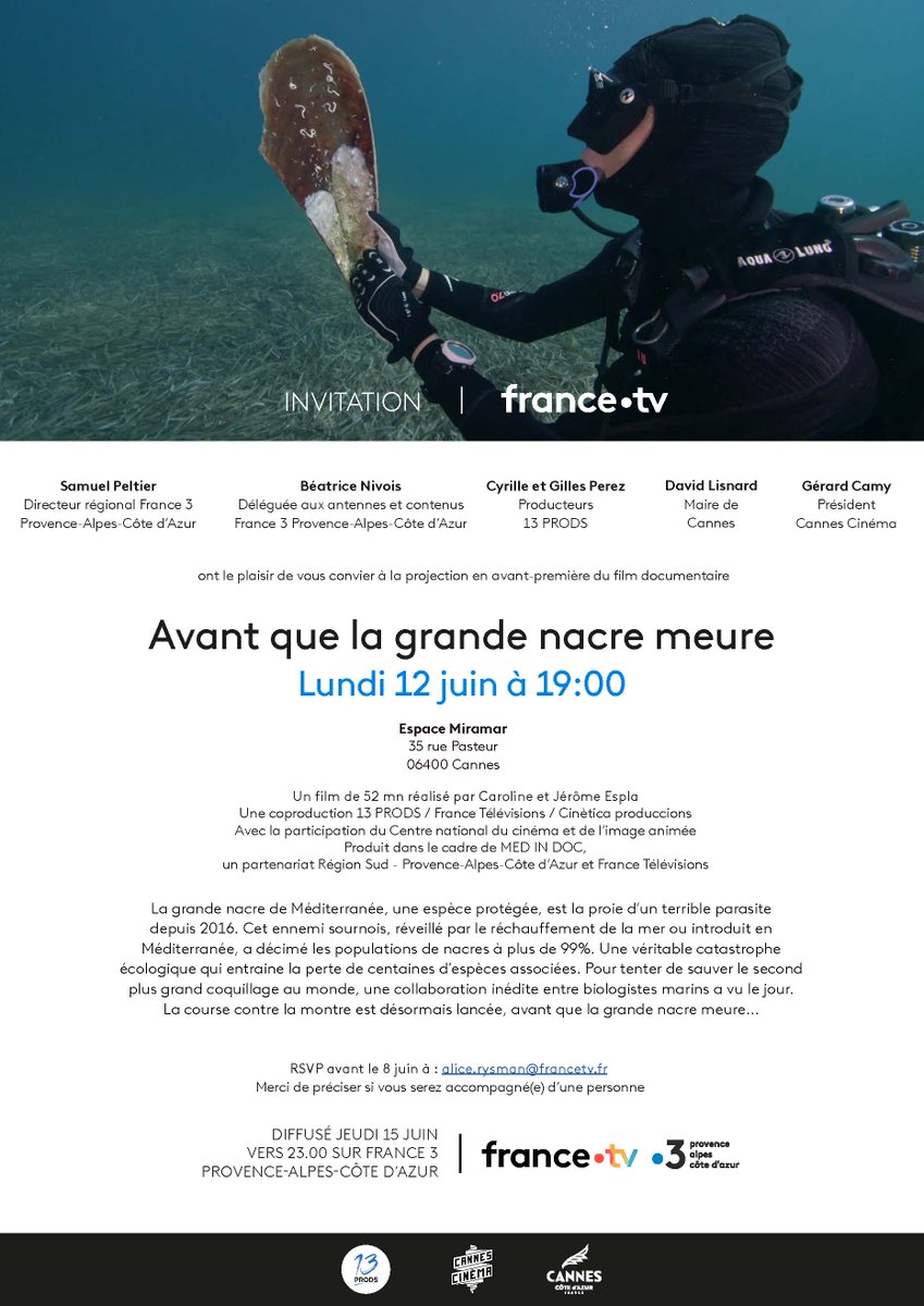 🎬 AVANT-PREMIERE. 'Avant que la grande nacre meure', un #film à découvrir lundi 12 juin à 19h à l'Espace Miramar à #Cannes !
𝗚𝗿𝗮𝘁𝘂𝗶𝘁 𝘀𝘂𝗿 𝗿𝗲́𝘀𝗲𝗿𝘃𝗮𝘁𝗶𝗼𝗻 : 𝗮𝗹𝗶𝗰𝗲.𝗿𝘆𝘀𝗺𝗮𝗻@𝗳𝗿𝗮𝗻𝗰𝗲𝘁𝘃.𝗳𝗿

#documentaire #lafranceenvrai #avantpremiere #france3