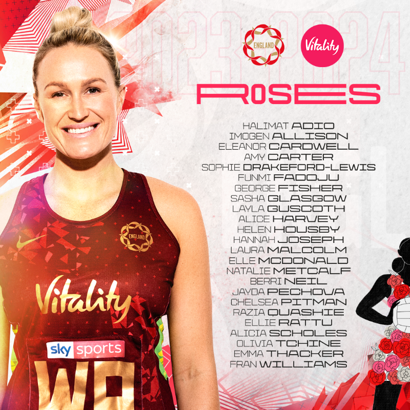 EnglandNetball's tweet photo. Say hello to our Roses for 2023-24 👋

24 athletes have been selected for the Vitality Roses programme and a further 17 have been named on the Future Roses 🌹