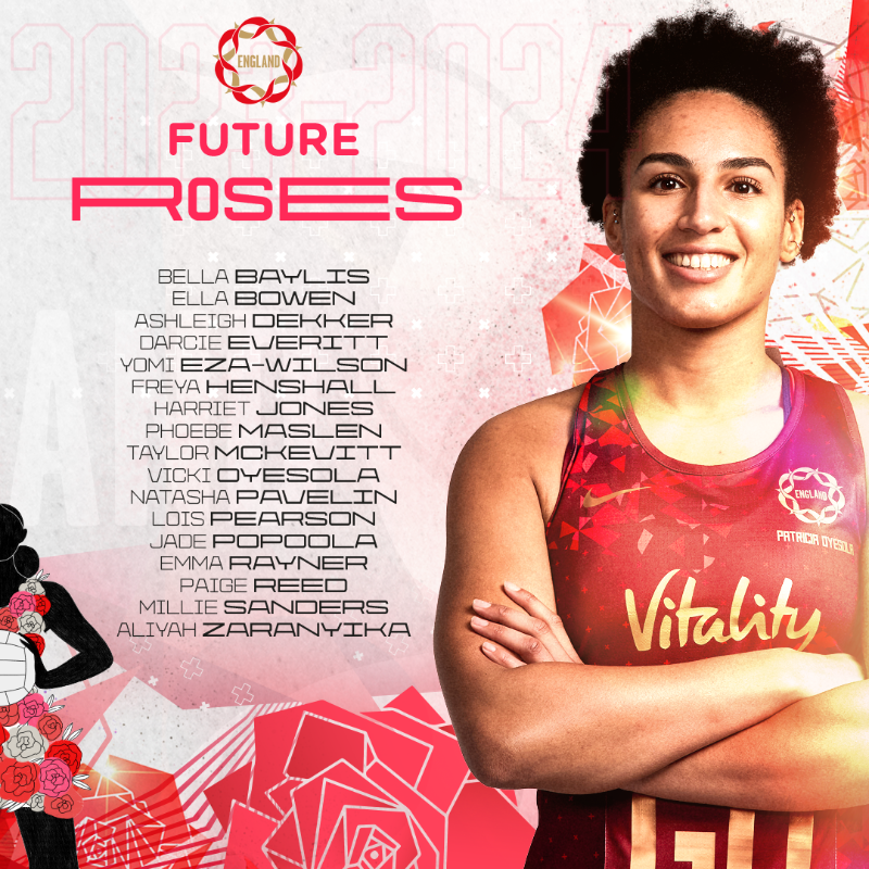 EnglandNetball's tweet photo. Say hello to our Roses for 2023-24 👋

24 athletes have been selected for the Vitality Roses programme and a further 17 have been named on the Future Roses 🌹