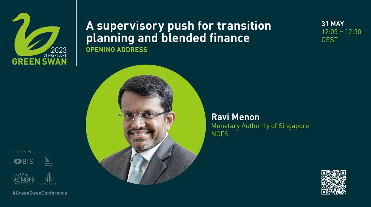 Today live at the #GreenSwanConference - Do not miss @MAS_sg Managing Director Ravi Menon's opening address #GreenTransition #BlendedFinance #Supervision bit.ly/3pmL0Bv