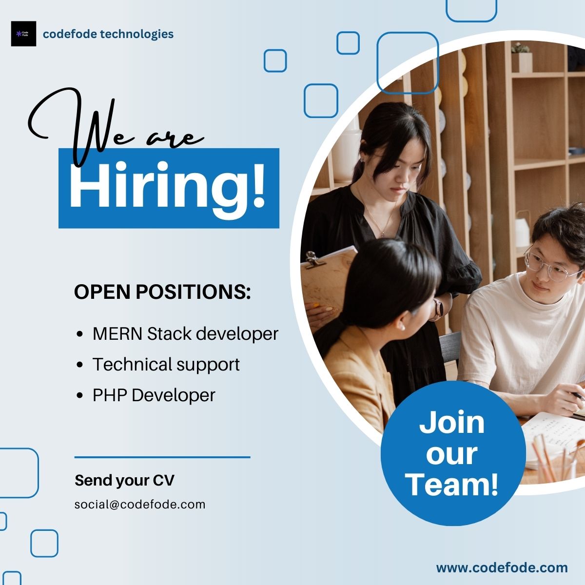 codefodetec's tweet image. Join our incredible team and be part of something extraordinary! 

Job Openings : We&apos;re #hiring talented individuals.

Send your #profile to social@codefode.com

#hiringalert #jobpost #indorejob #linkedinjobs #openposition #work #opportunity #experience #hiringnow #hiringtips