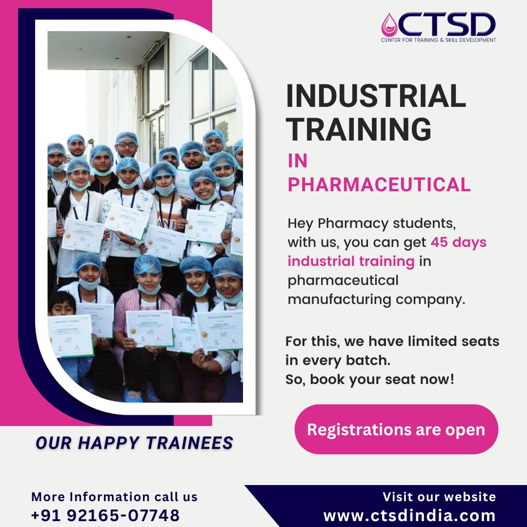 ctsd_india's tweet photo. CTSD offers 45 days of industrial training to pharmacy students. Our aim is to elevate your expertise and career with industry-specific pharma training.
Registrations are open for the new batch. Book your slot now!
#CTSD #industrialtraining #pharmaindustrialtraining #pharma https://t.co/o3LNlbiXyC