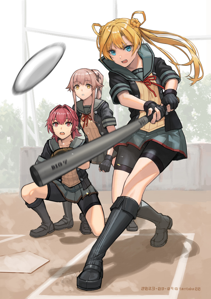 abukuma (kancolle) ,kinu (kancolle) ,yura (kancolle) multiple girls long hair bike shorts grey sailor collar 3girls skirt pink hair  illustration images