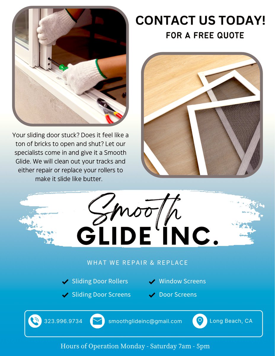 orahplus7's tweet photo. We started a Family owned Business fixing Sliding door rollers, windows screens, door screens etc.  Servicing Long Beach &amp; surrounding areas! Pls help us SPREAD the word!! We’d very much appreciate it. 🙏🏽 #supportsmallbusiness  #smoothglideinc #slidingdoorsrollers #slidingdoors https://t.co/pzT0S0XC0h