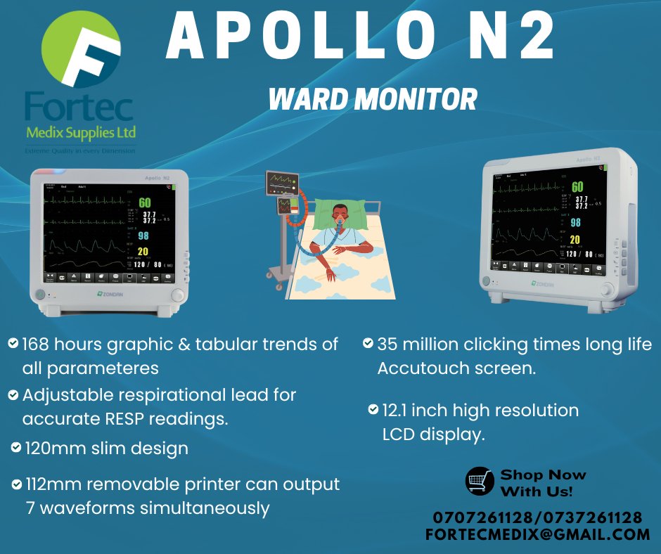 Our mission at Fortec Medix Supplies? Keeping healthcare professionals equipped with the greatest tools, like the game-changing APOLLO N2 Ward Monitor 🙌 
'Extreme Quality in Every Dimension'

#fortec #fortecmedixsupplies #ward #patientmonitor #patient #africa #kenya
#healthcare