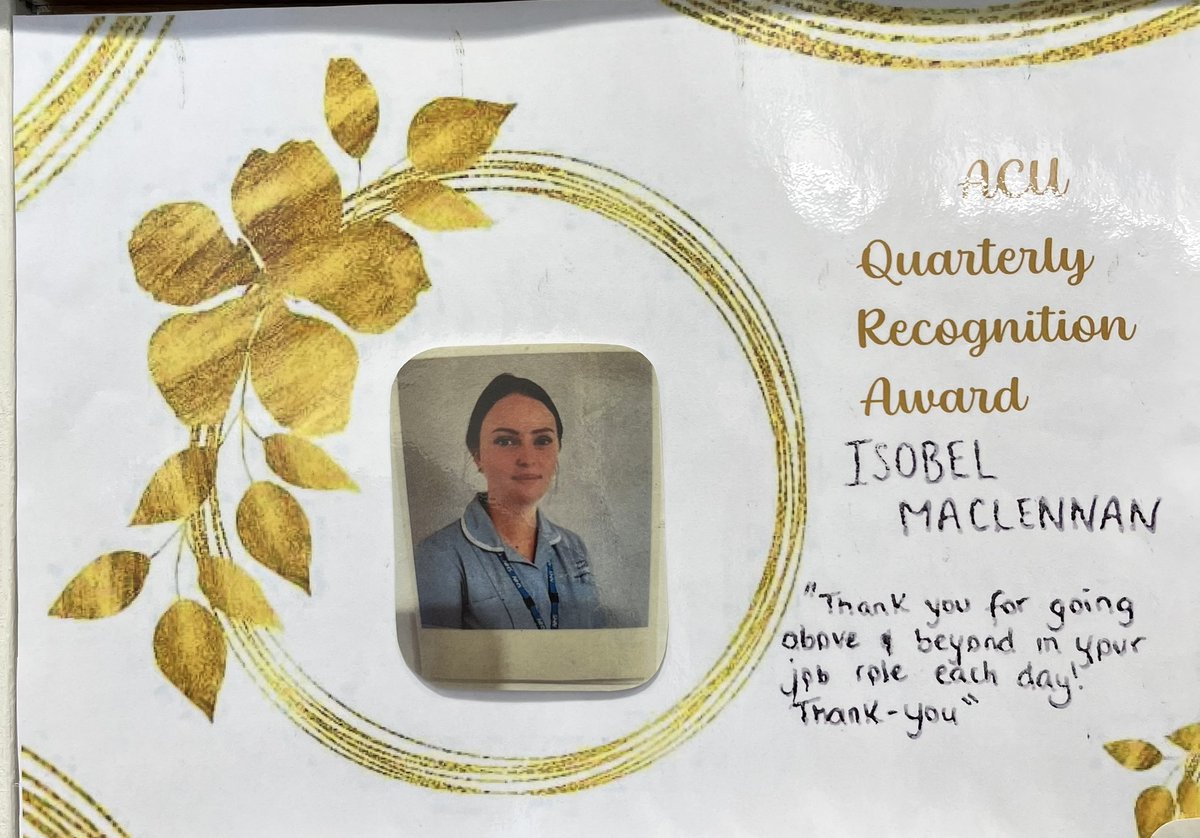 Well done to Staff Nurse Isobel on receiving the ACU Quarterly Recognition Award! Fantastic work, thank you! #acu #nmgh
