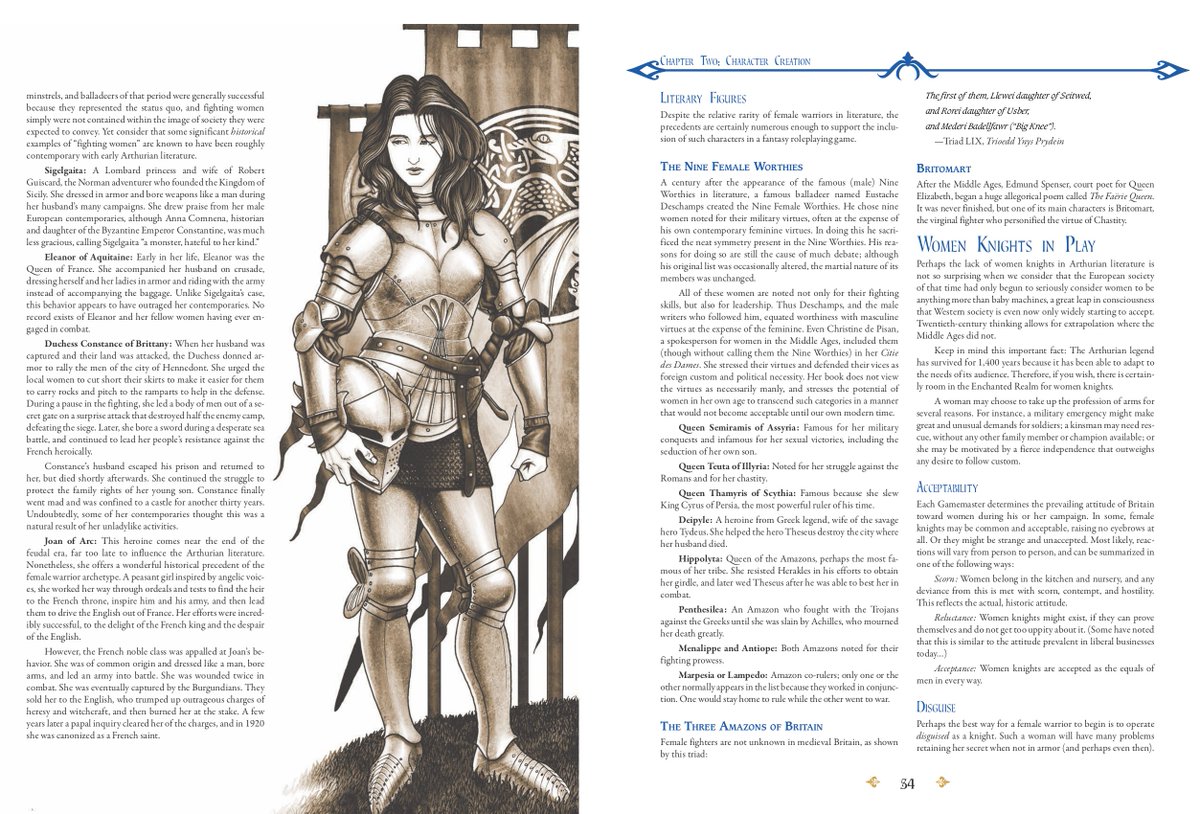Chaosium_Inc's tweet photo. In words of #Pendragon creator Greg Stafford himself:
"The Arthurian legend has survived for 1,400 years because it has been able to adapt to the needs of its audience. Therefore, if you wish, there is certainly room in the Enchanted Realm for women knights."—Pendragon 5.2, p 54. https://t.co/wgo32bdt6k