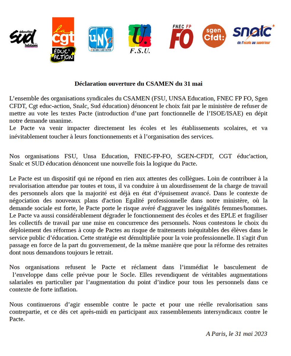 SNESFSU's tweet photo. Les organisations syndicales, unies, à la sortie du Csa Pacte qui ne s'est donc pas tenu ! 
Ensemble, continuons à dire #NonAuPacteEnseignant https://t.co/Wv6UGW9uR3