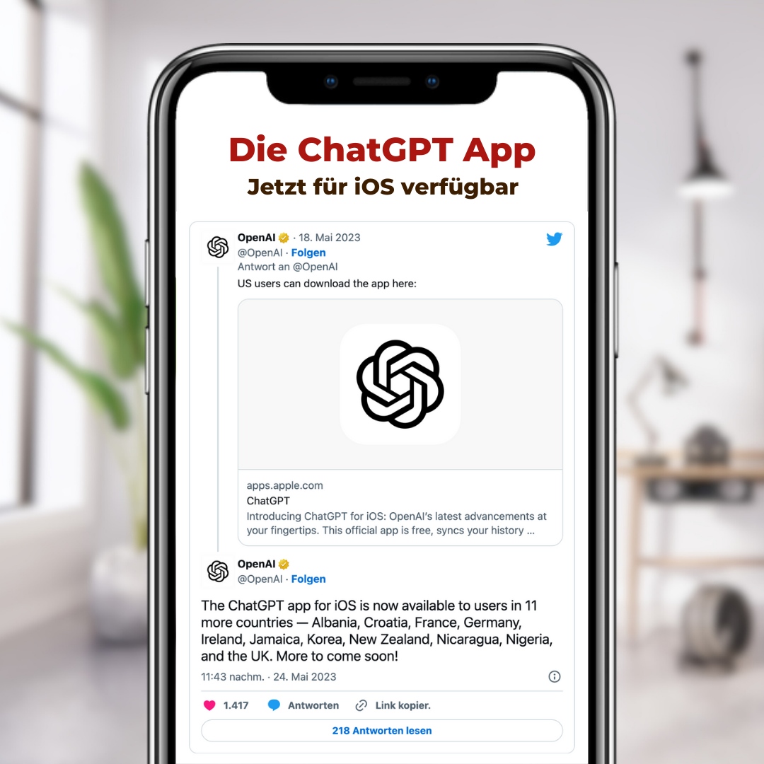 Die ChatGPT App ist nun auch in Deutschland verfügbar! Allerdings nur für Smartphones mit iOS-Betriebssystem. 
Die App soll aber auch zeitnah für Android an den Start gehen 🚀. Weitere Infos dazu findet ihr hier: onlinemarketing.de/technologie/ch…