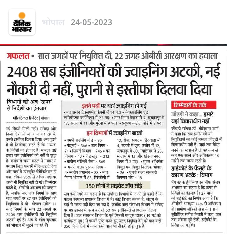 मध्यप्रदेश सरकार का कमाल देखिए जिनके पास रोजगार था उनको भी बेरोजगार कर दिया। 

2408 इंजीनियरों को शीघ्र ही नियुक्ति दी जाये। 

<a href="/ChouhanShivraj/">Shivraj Singh Chouhan</a> <a href="/PEB_Bhopal/">Madhya Pradesh Employees Selection Board Bhopal</a> 
<a href="/minphemp/">Public Health Engineering Department, MP</a> <a href="/MpMpesa/">MP ENGINEERING STUDENT'S ASSOCIATION (MPESA)</a> <a href="/DainikBhaskar/">Dainik Bhaskar</a>