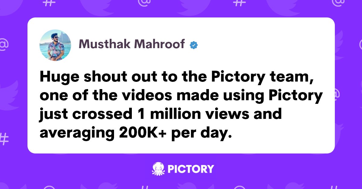pictoryai's tweet photo. ๐ Congrats to Musthak Mahroof for reaching 1 million views on a video created using Pictory! Why not begin your own YouTube success journey, starting with a free trial? ๐ https://t.co/jKbv4sVgaE #Pictory #1MillionViews #VideoSuccess https://t.co/AjXPOzPcdv