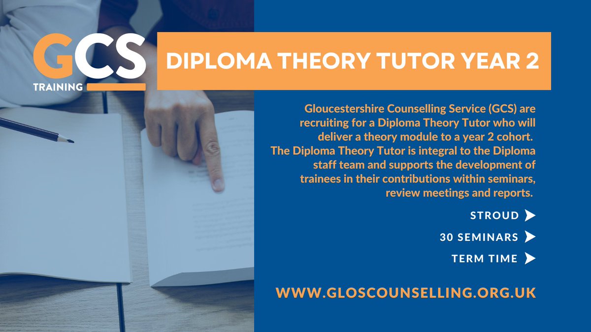 GCS is a counselling and training organisation. Our Diploma in Psychodynamic Counselling runs over three academic years and is an accredited course. We're looking for a Year 2 Tutor. Find out more and apply here: ow.ly/pEaW50OuUrk