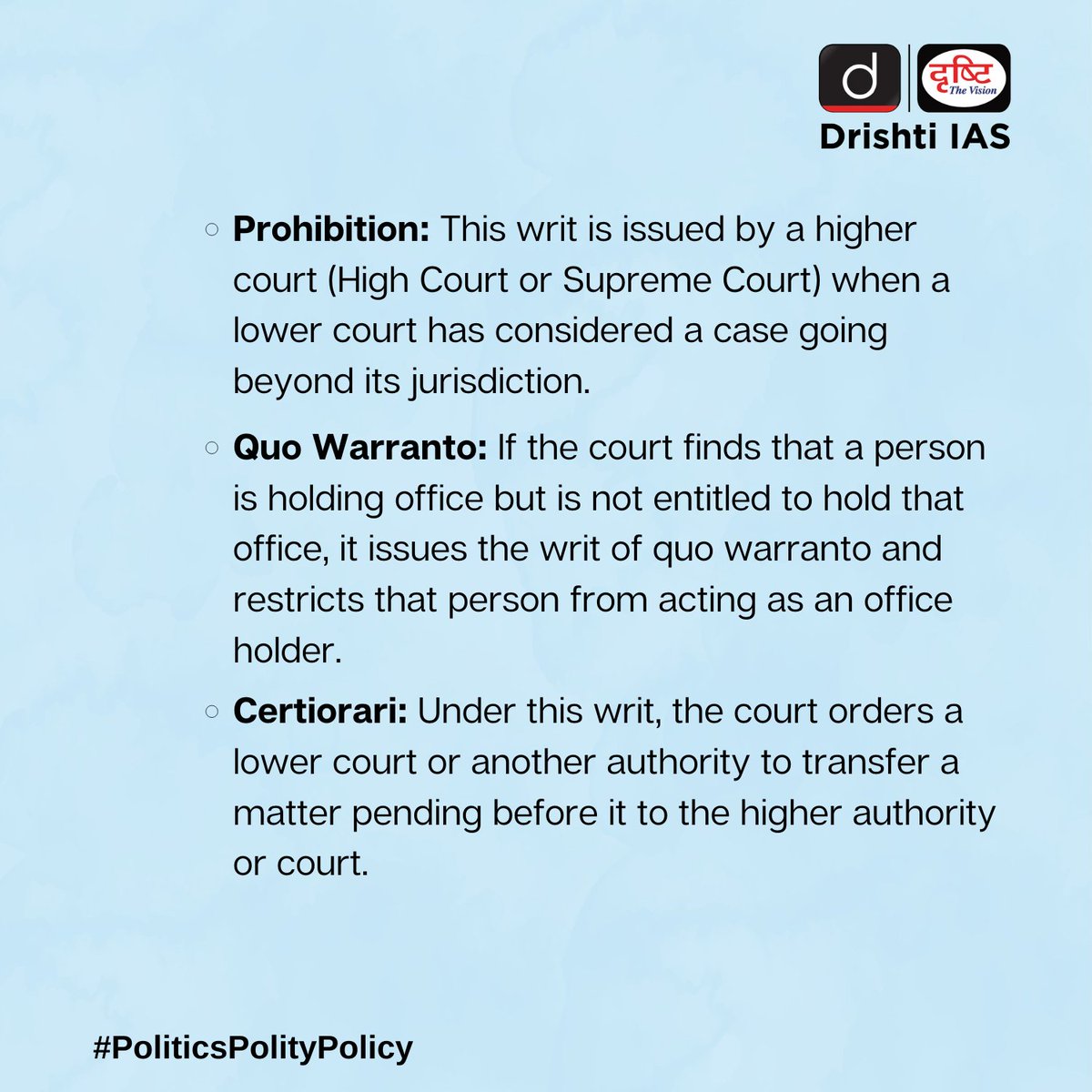 Politics explains the features of policy, outlines the rights of the polity and seeks to cover gaps. Read to engage with #PoliticsPolityPolicy. 
  
#DrishtiGuideToGS #Polity #Writs #Article32 #UPSC #IAS #CSE #PCS #UPSCPrelims #Prelims2023 #UPSC2023 #DrishtiIAS #DrishtiIASEnglish