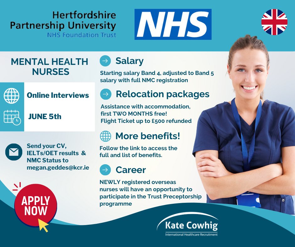 🩺 Seeking Passionate Mental Health Nurses!
ℹ️ kcr.ie/job/mental-hea…

✅ Must be eligible to register with the NMC
✅ Nursing diploma or degree
✅ Successful IELTS or OET

✉️  megan.geddes@kcr.ie

#NHSRecruitment #HertfordshirePartnership #KateCowhigRecruitment