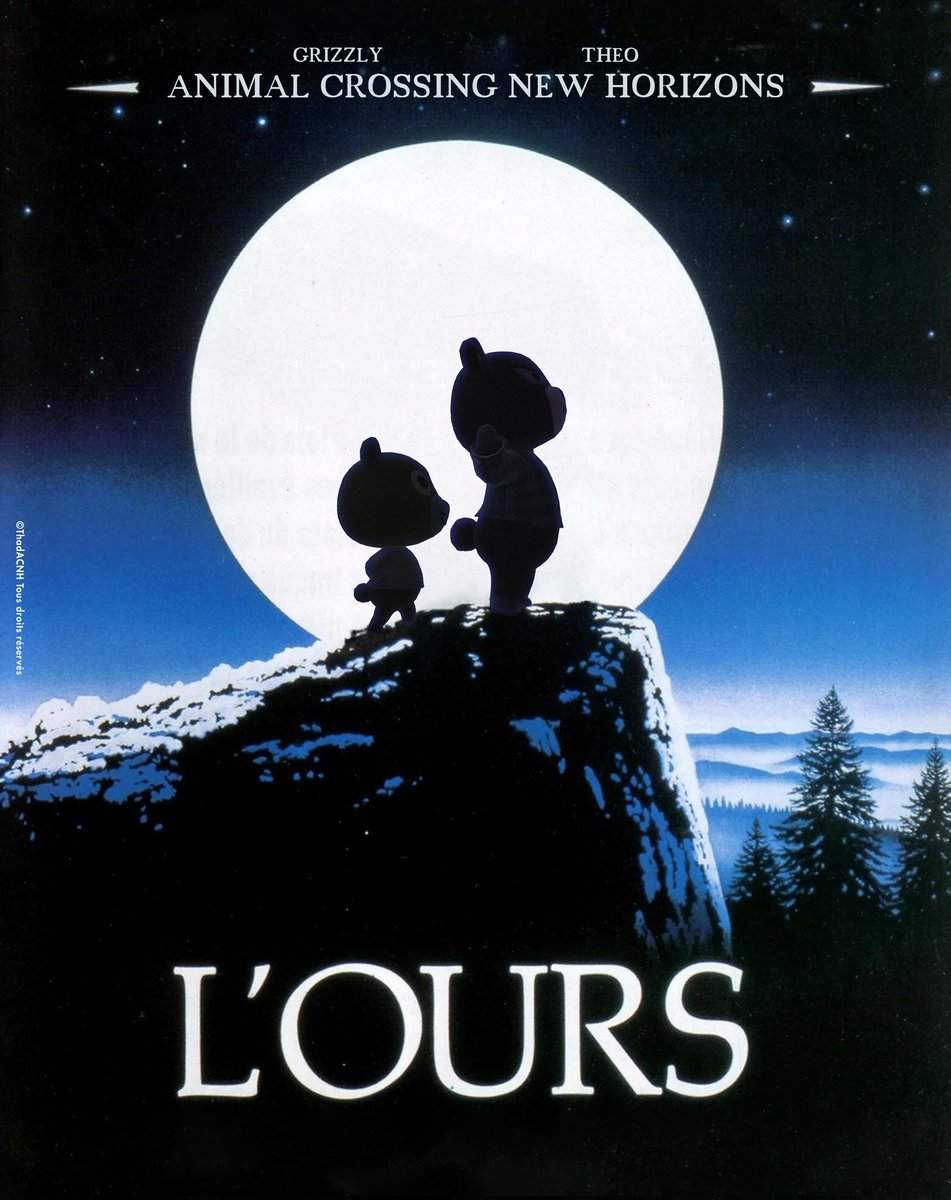 "Il y a un plaisir plus grand que celui de tuer, celui de laisser la vie."

Version #ACNH de l'affiche de L'Ours de Jean-Jacques Annaud, avec Grizzly et Théo.

#AnimalCrossing #AnimalCrossingNewHorizons #LOurs