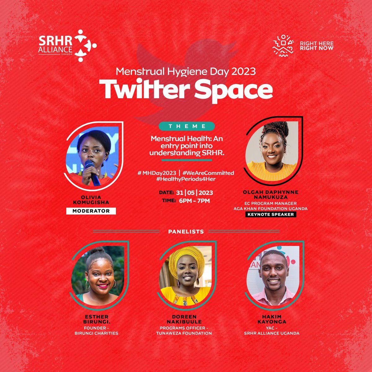 Happening today at 6pm is a twitter space by @SRHRAllianceUg under the theme “Menstrual Health : An entry point into understanding SRHR.” 
Be sure to tune in 
#HealthyPeriods4Her 
#WeAreCommitted 
#MHDay2023 

@rhrn_ug