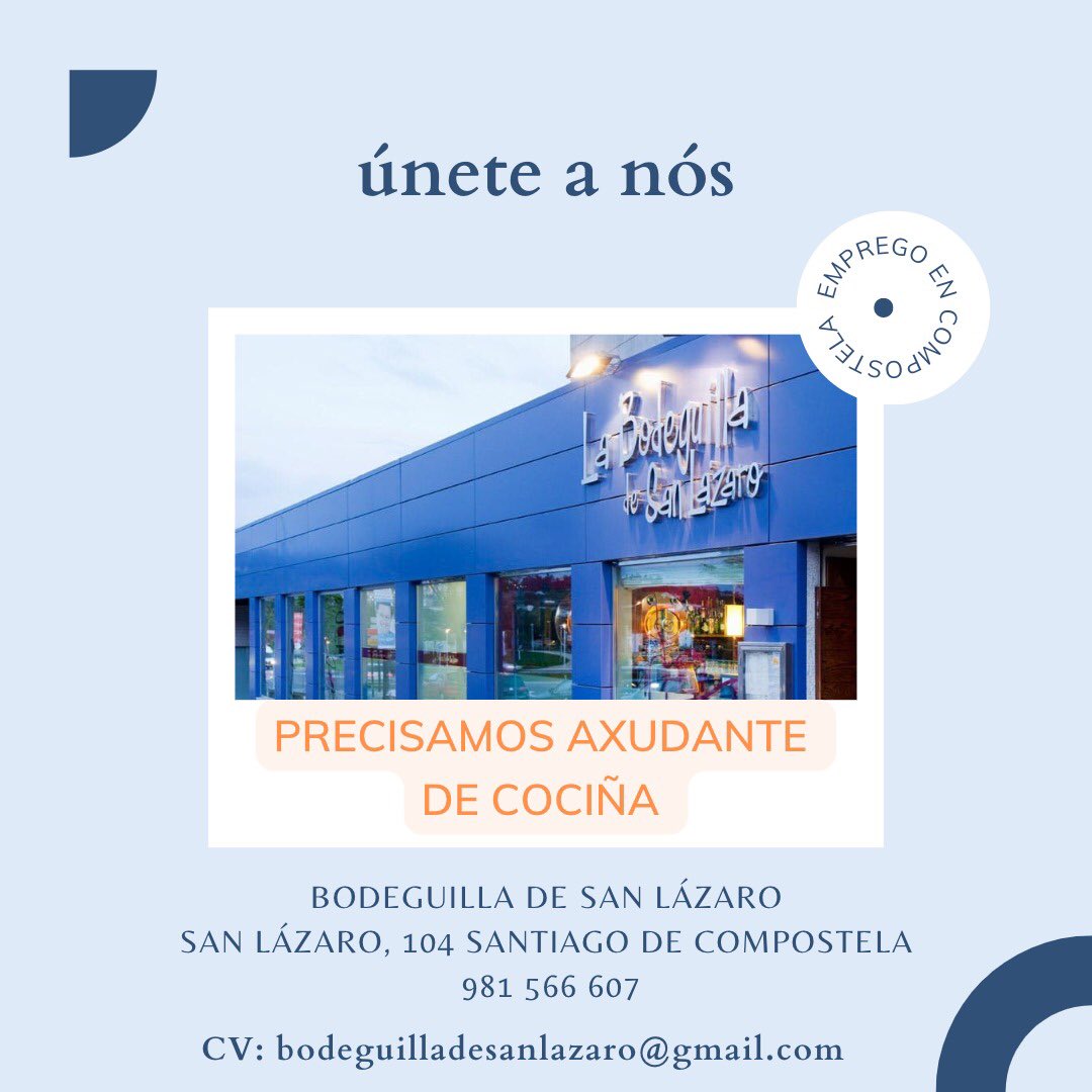labodeguillascq's tweet photo. Ampliamos o noso equipo de cociña! Se che gustaría sumarte, fainos chegar o teu CV! 

#BodeguillaSCQ #SantiagodeCompostela https://t.co/aupO9Iu8iY