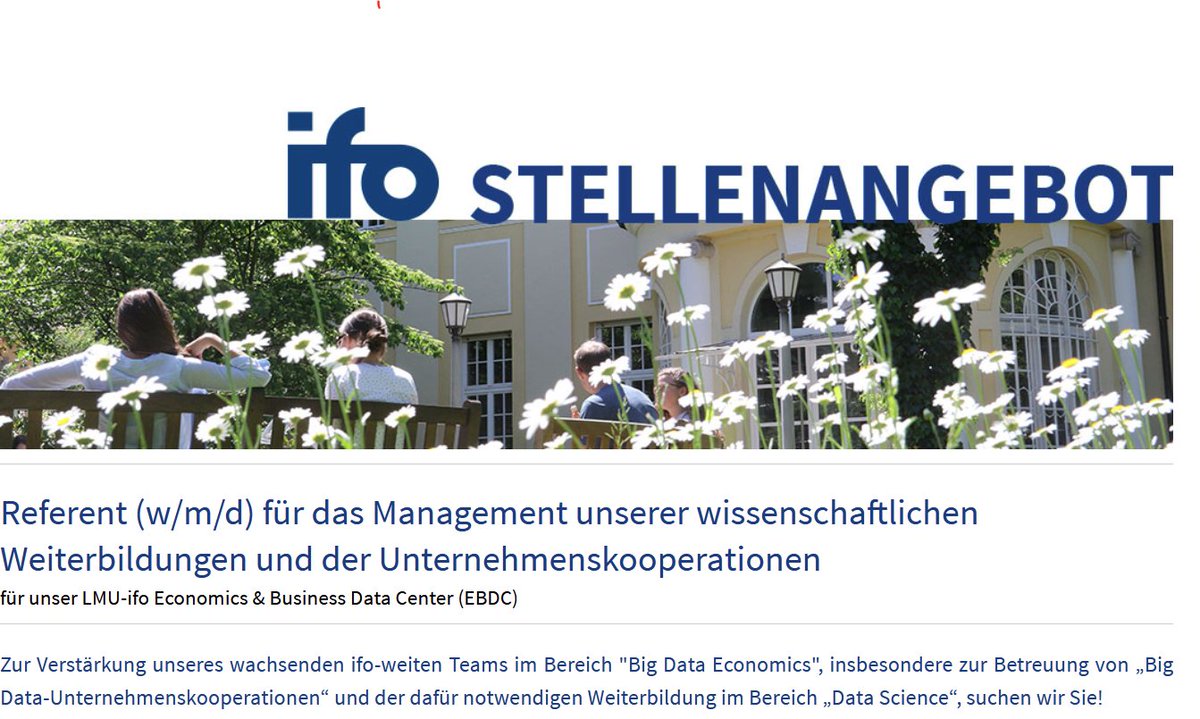 ifo_Institut's tweet image. 🗣️Wir stellen ein: #Referent (w/m/d) für das Management unserer wissenschaftlichen Weiterbildungen und der Unternehmenskooperationen für unser @LMU_Muenchen-ifo Economics &amp;amp; Business Data Center #EBDC #Stellenanzeige #EconTwitter  ifomue.pi-asp.de/bewerber-web/?…