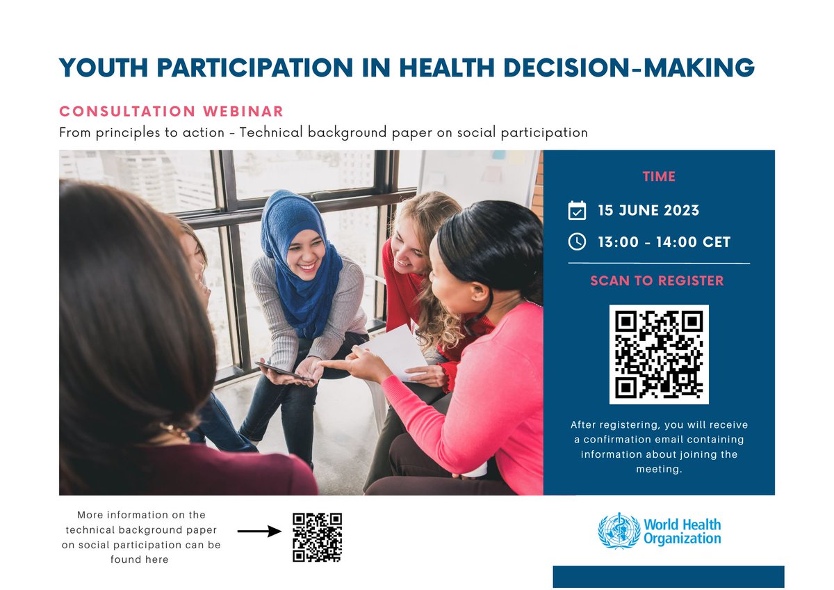 📢Would you like to share your reflections on youth participation in health decision-making? Join the online consultation webinar and share  reflections on the draft Technical Background Paper 📗

🗓️Thursday 15 June, 13.00-14.30 CET. Register now➡️ who.zoom.us/meeting/regist…