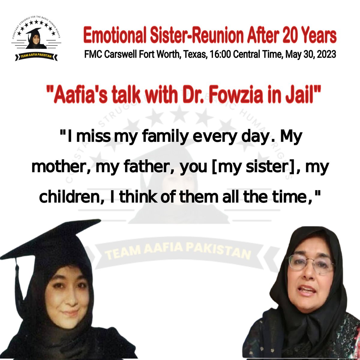 MuhammadBadarR4's tweet photo. "Enough is enough! It's time to free Aafia and reunite her with her family. #LetFowziaBringAafiaHome
Emotional Reunion
ReleaseAafia
@CliveSSmith @FowziaSiddiqui @Teamaafia1
GSTAP https://t.co/OYrJEejJ5Z