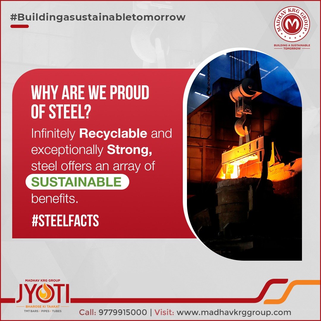 MadhavKRGGroup's tweet photo. Why are we proud of steel?
Infinitely recyclable and exceptionally strong, steel offers an array of sustainable benefits.
#steelfacts #sustainable #recyclable #stong #steel #buildingasustainabletomorrow #sustainability #jyotitmt #steelers #madhavkrggroup #MKRG https://t.co/BWAlH8w6gl