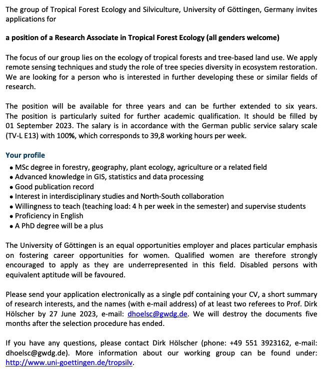 3+3 year (!) PostDoc / Research Associate position in Tropical Forest Ecology with Prof Dirk Hölscher @uniGoettingen. Great opportunity for someone interested in research and teaching on tree-based #restoration and #agroforestry in tropical land systems! uni-goettingen.de/en/67092.html