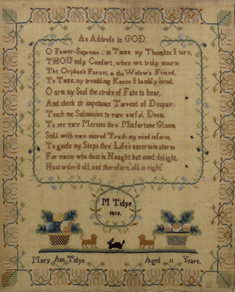 This sampler was made by Mary Ann Tidye in 1813 at age 11. @The_Herbert houses an impressive collection of samplers stitched in the 19thC by girls as young as nine. As a child, George Eliot would have produced comparable work. 🪡🧵#FindingMiddlemarch🔎 exploringeliot.org/FM/7