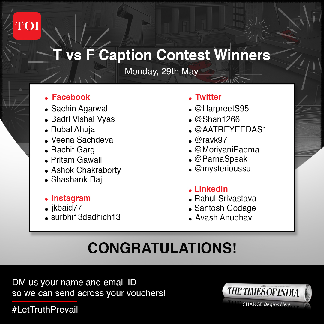 thetrustofindia's tweet photo. Congratulations to the winners of the TOI's T vs F Caption Contest dated 29th May.

Thank you for providing T with your support. Please DM us your name and email ID so we can send across your vouchers! https://t.co/pyAnLGUy9f