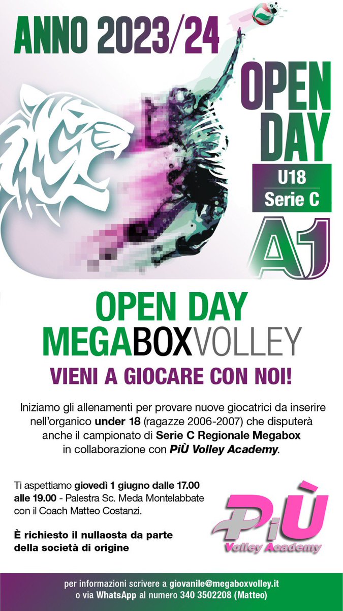 🏐 𝗢𝗣𝗘𝗡 𝗗𝗔𝗬 𝗠𝗘𝗚𝗔𝗕𝗢𝗫 𝗩𝗢𝗟𝗟𝗘𝗬 🏐
Giovedì 1 giugno, dalle ore 17:00 alle ore 19:00, Palestra sc. Meda Montelabbate con il coach Matteo Costanzi. Ti aspettiamo! 🐯