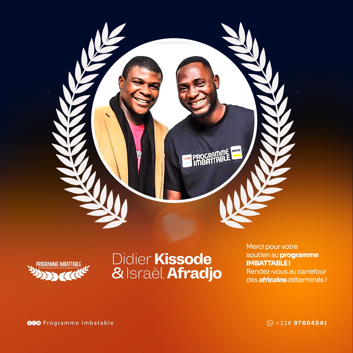 ProImbattable's tweet photo. Nous sommes reconnaissants envers toutes ces personnes qui nous accompagnent depuis Octobre 2017 sur le programme IMBATTABLE ! 
Merci Didier Kissode et Israël Afradjo Academia
Vous êtes des âmes bien ❤️✊🏾
Rendez-vous au carrefour des africains déterminés✊🏾 https://t.co/qB7jFl0WXJ