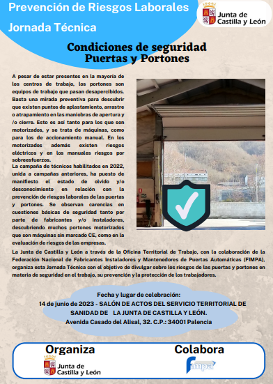 prevencionjcyl's tweet photo. Jornada técnica: "Condiciones de seguridad Puertas y Portones"

Organiza: ASSL Palencia

Fecha: 14/06

Lugar: Salón de actos del Servicio Territorial de Sanidad de la Junta de Castilla y León. Palencia.

Horario: 9:45h-13:15h

Inscripciones 👇

https://t.co/VVObUgwfGR https://t.co/h9cX89Pjed