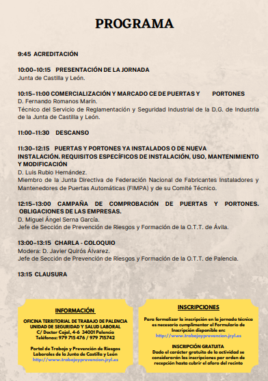 prevencionjcyl's tweet photo. Jornada técnica: "Condiciones de seguridad Puertas y Portones"

Organiza: ASSL Palencia

Fecha: 14/06

Lugar: Salón de actos del Servicio Territorial de Sanidad de la Junta de Castilla y León. Palencia.

Horario: 9:45h-13:15h

Inscripciones 👇

https://t.co/VVObUgwfGR https://t.co/h9cX89Pjed