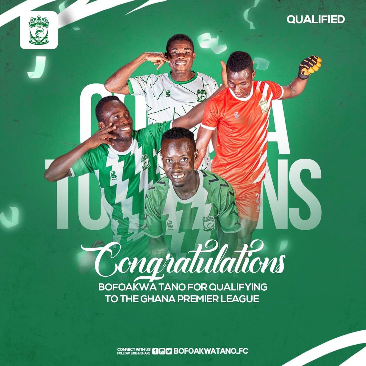Congratulations <a href="/bofoakwatano/">Bofoakwa Tano FC</a> on your qualification to the <a href="/GhanaLeague/">🇬🇭 Ghana Premier League</a> . Your incredible mindfulness and aptitudes were something unique on the pitch.
Everyone at City wishes you the very best in the future seasons!

#BOFOABA 
#DareToDo
#WeAreHereToStay
#Citizens