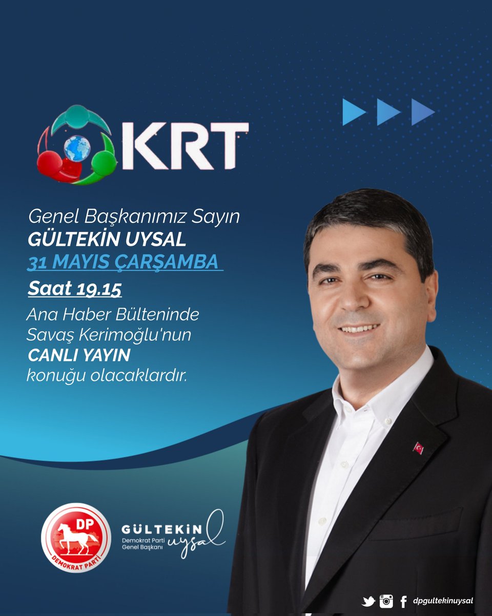 _DemokratParti's tweet photo. Genel Başkanımız Sayın Gültekin Uysal @DpGultekinUysal @krtkulturtv ekranlarında canlı yayın konuğu olacaklardır.
📅 31 Mayıs Çarşamba (Bu Akşam)
🕘 19.15
🎤 Ana Haber Bülteni / @savaskerimoglu https://t.co/tnuUpOPXE3