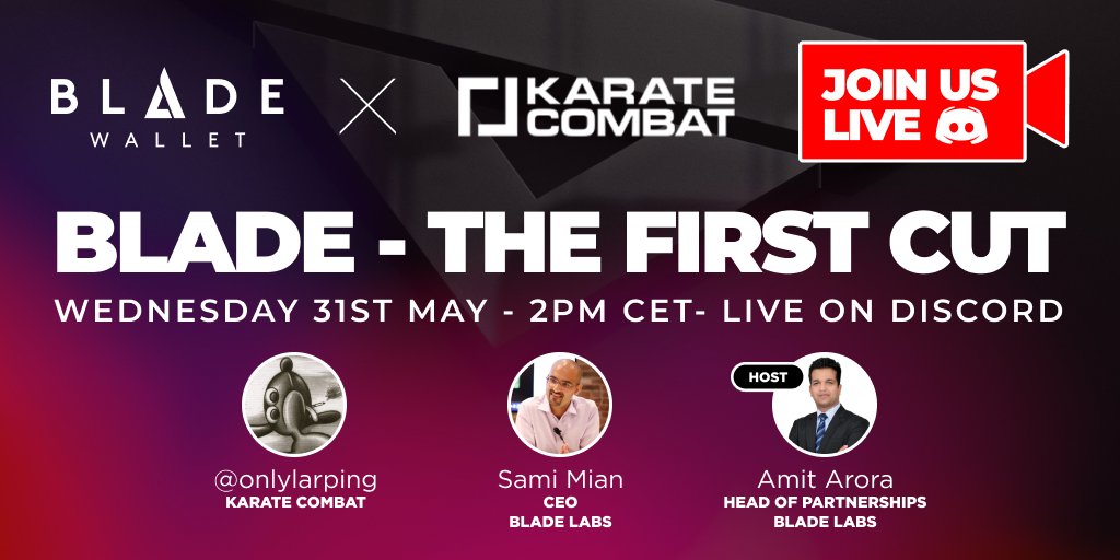 BladeWallet's tweet photo. 🔥 Calling all Karate Combat fans!
🔥 We have something special for you! 🥋
🗓️ Save the date: Wed, May 31st 🕑 Time: 2:00 PM CET
https://t.co/Z3DF8lTbVy
Join our Fireside Chat on the future of Karate Combat with @onlylarping from @KarateCombat and @BladeWallet CEO, @samimian33 . 🎙️
🚀 What burning questions do you have for them? Reply with your questions using #AskKarateCombat and they might get answered during the chat! 🤩
Spread the word and let's ignite an epic discussion! 🗣️💥
#KarateCombatFiresideChat #Web3Integration #Bladewallet
