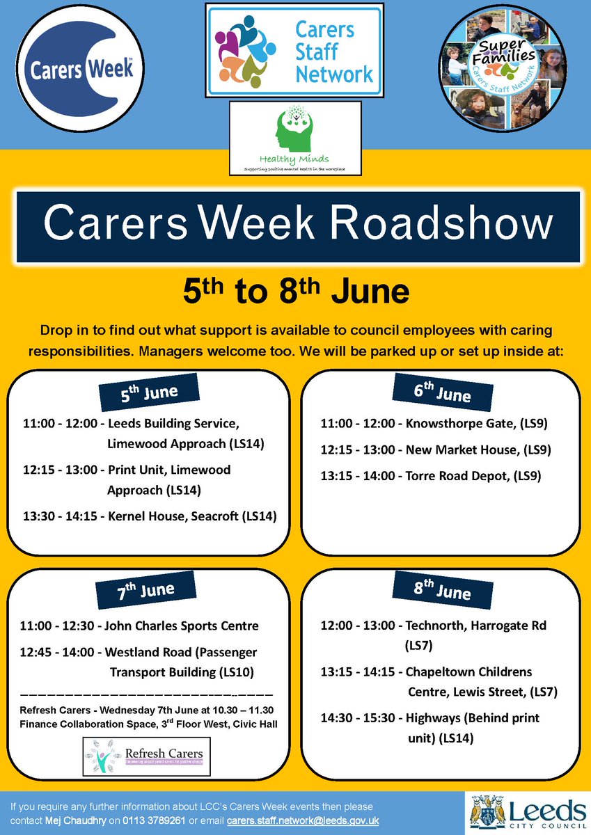 Our Carers Staff Network are hitting the road for #CarersWeek2023 engaging with colleagues on available support for working carers within the workforce - drop by for a chat when they're near you #TeamLeeds #LeedsBestPeople #PeopleOfLCC