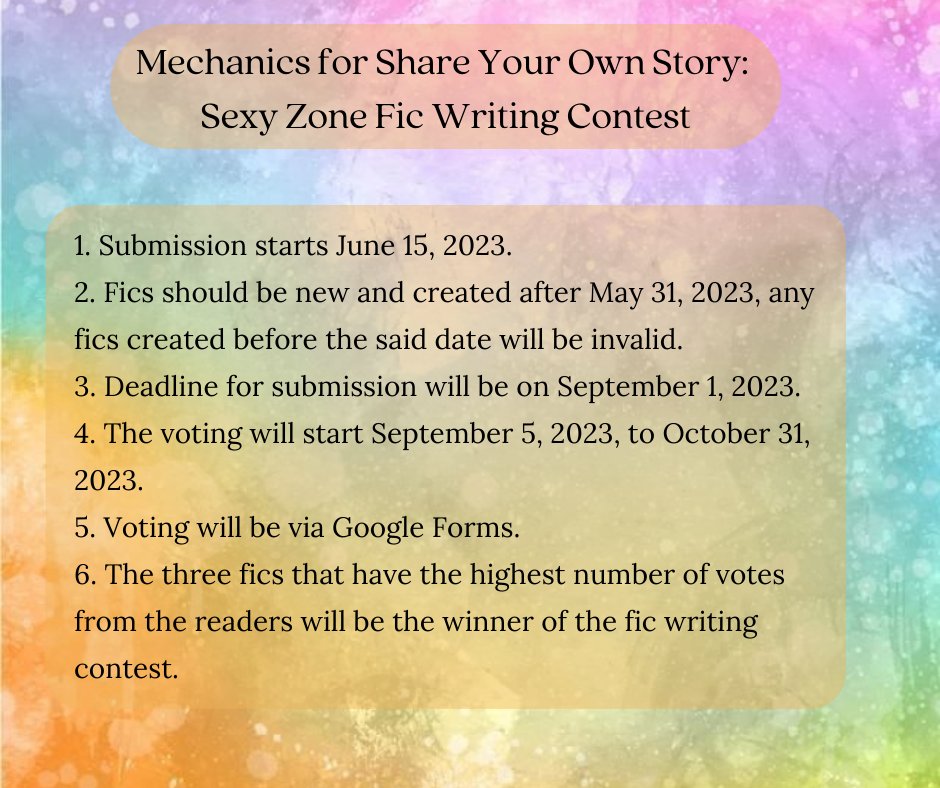 SZ12TH's tweet photo. ‼️Attention PH Sekurabas‼️

Here are the rules and mechanics on how you can join the "Share Your Own Story: Sexy Zone fic writing contest"

We encourage everyone to join our first fic writing contest.

Looking forward to your entries🌹💙💜❤️💚🧡 https://t.co/Z4IDFuI8U3