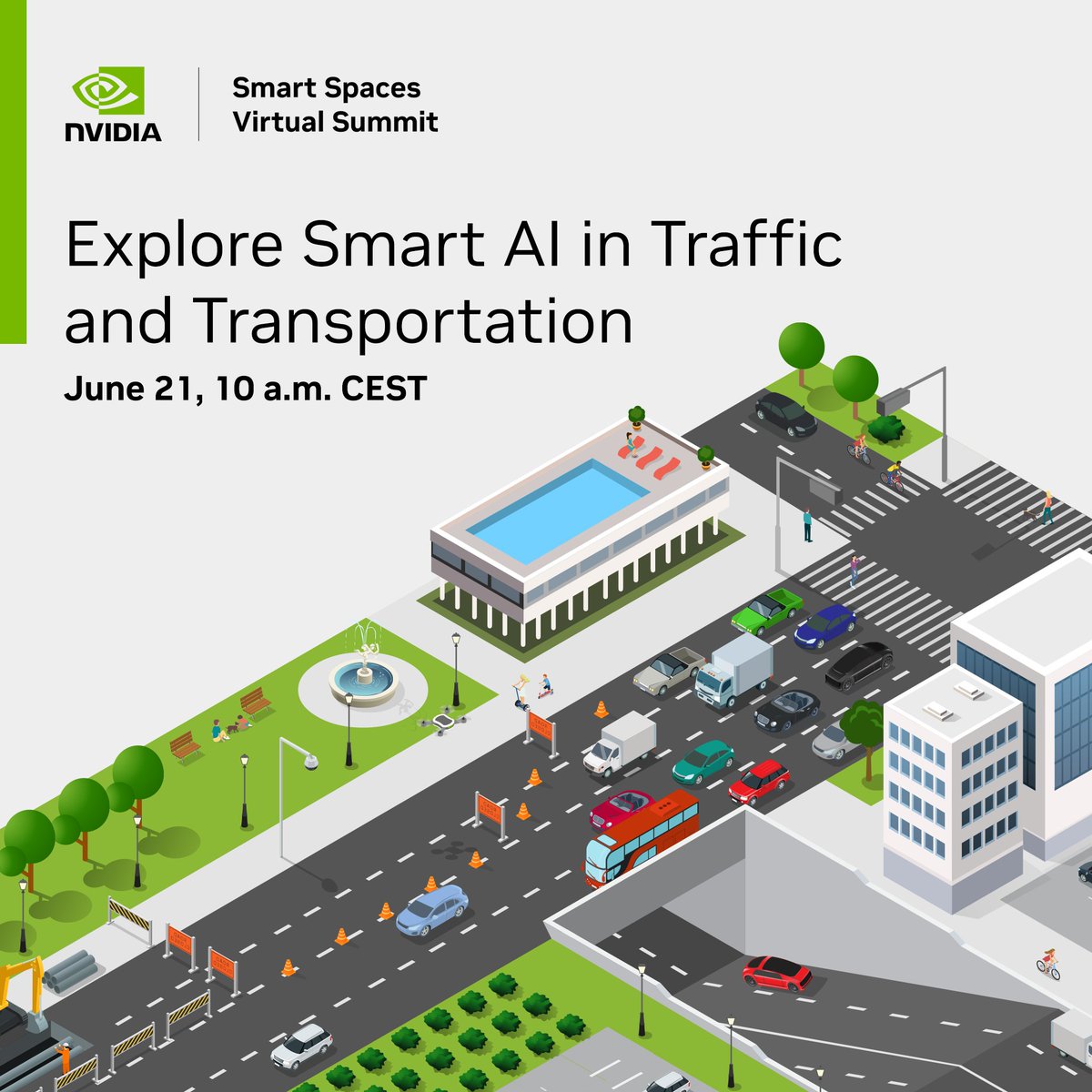 NVIDIAEU's tweet image. Join us on June 21 to discover how AI is shaping our #SmartSpaces and cities. Hear from leading experts in the world of traffic and transportation and explore their real-world use-cases. 

Register now &amp;gt; nvda.ws/3qgCRPy