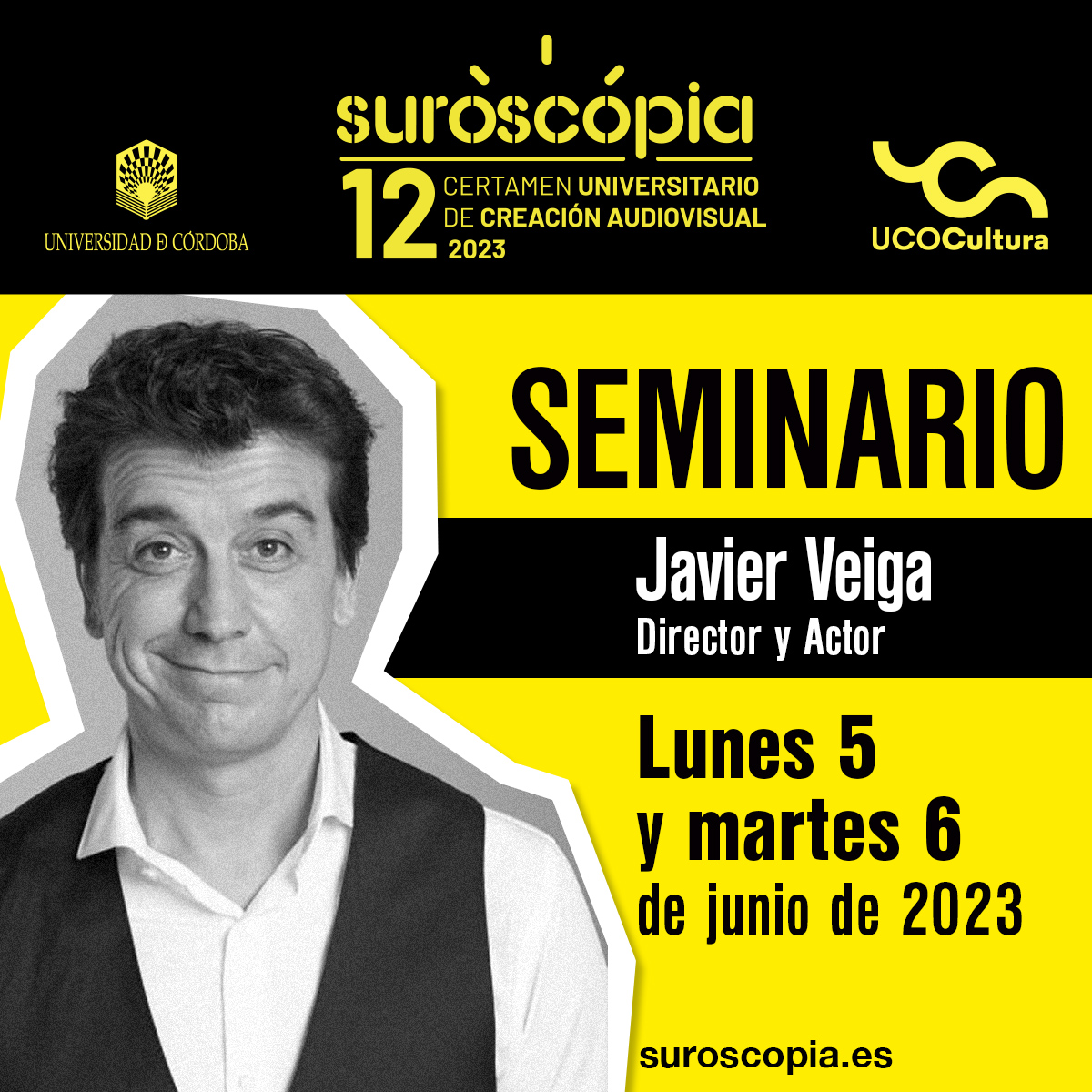 suroscopia's tweet photo. Apunta bien en tu agenda, los próximos 5 y 6 de junio tendrá lugar el seminario impartido por el director y actor Javier Veiga ¡No te lo pierdas!

#Suroscopia #Suroscopia12 #UCOCultura #creaciónaudiovisual #cine https://t.co/2Ravo0CeaY