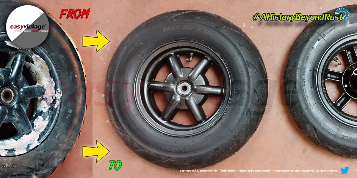 The rims of our MBK BOOSTER were in very bad shape...paint detached,oxide everywhere!👾

After sandblasting &amp; restoration of the parts damaged by the oxide🛠️,they were repainted to former glory using original colours🏆

💡#MbkBoosteRestoring #AHistoryBeyondRust
<a href="/easyvintagepart/">easyvintage</a>