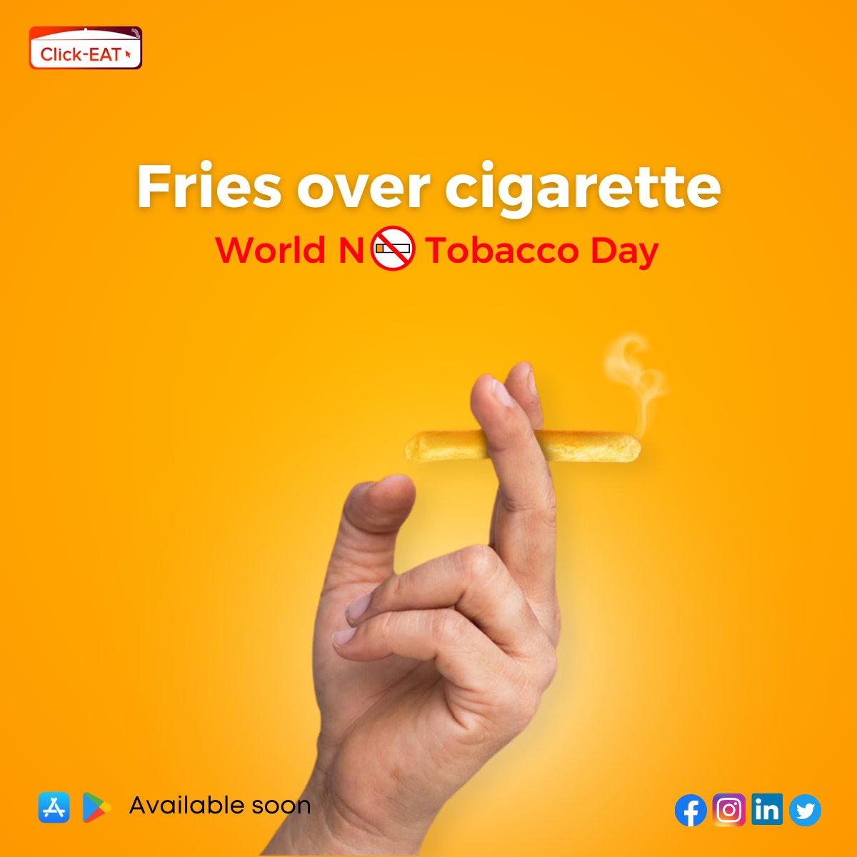Choose your addiction wisely: Lift your fries, not cigarettes this World No Tobacco Day.  
click-eat.co.uk

#QuitSmoking #WorldNoTobaccoDay #bookrestarauant #order #onlinebooking #restaurantmanagement #joinclickeat #clickeat #dinewithclickeat #adidasIndia