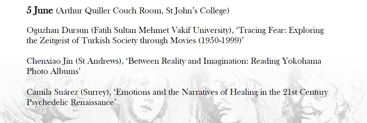 Join us Monday for the final session of term, with three fascinating papers on fear, photo albums, and psychedelics! 5 June, 5pm, in the Arthur Quiller Couch Room at St. John's College, or email us for Zoom details: