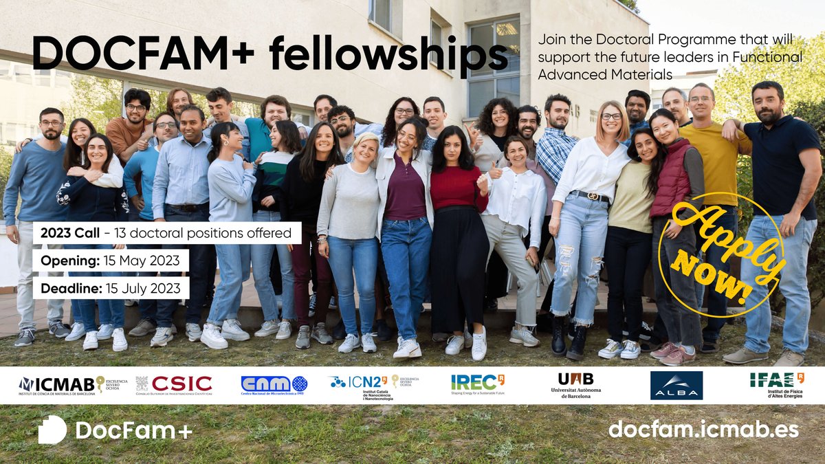 The @docfam_MSCA #PhD call is still open!

📢📢 Join this #DocFam Doctoral Training Program at @icmabCSIC @imb_cnm @icn2nano @IREC_Energia @UABBarcelona @ALBAsynchrotron or @_IFAE 

📅 Apply by 15 July!
👉docfam.icmab.es