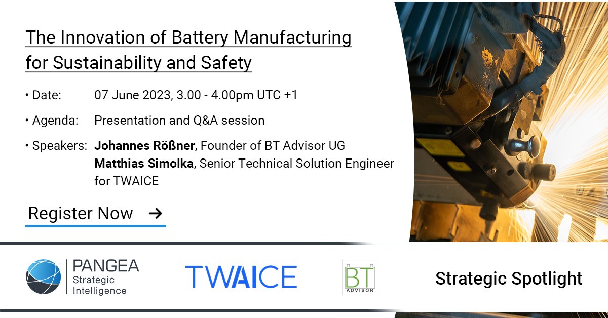 Pangea_SI's tweet photo. On our next webinar: "Innovating Battery Manufacturing for Sustainability and Safety", we are joined by Matthias Simolka and Johannes Rößner to discuss battery manufacturing safety, R&amp;D, second life use, and more.

Register for this free webinar here - https://t.co/vzbOYpa6t9 https://t.co/jIcox6ujFy