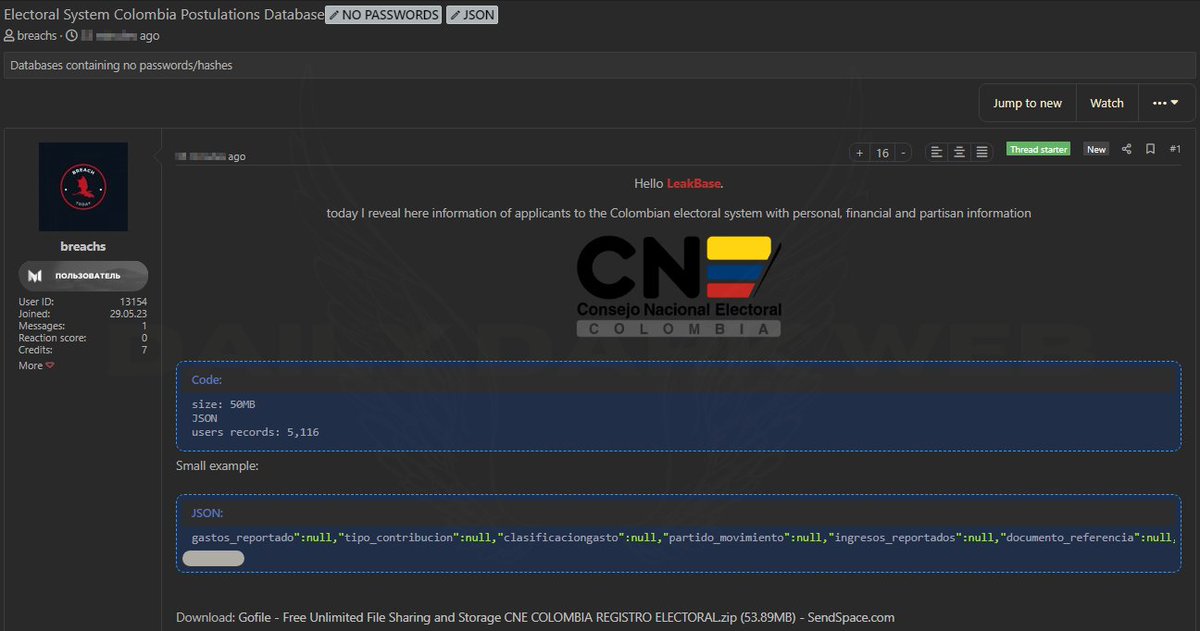 elhackernet's tweet photo. Hackean del Consejo Nacional Electoral en Colombia 🇨🇴 @CNE_COLOMBIA 

Actor de amenaza afirma que obtuvieron 5.116 registros de la base de datos

Vía @DailyDarkWeb https://t.co/UW9jjXhBZH