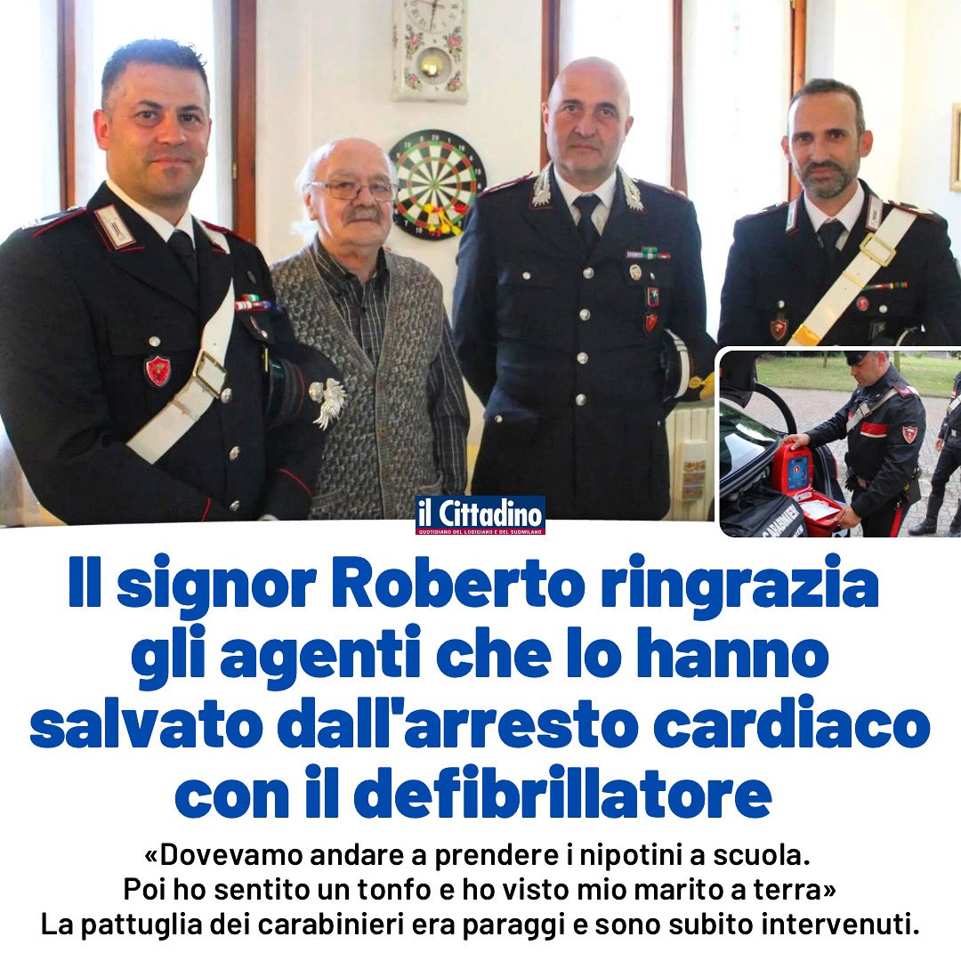 «Grazie, senza di voi non sarei qui» Il signor Roberto tornato a casa dopo 12 giorni di ricovero per un arresto cardiaco, ha incontrato gli agenti che trovandosi in zona sono intervenuti per primi, salvandolo. Complimenti e grazie ai carabinieri della Compagnia di Lodi.