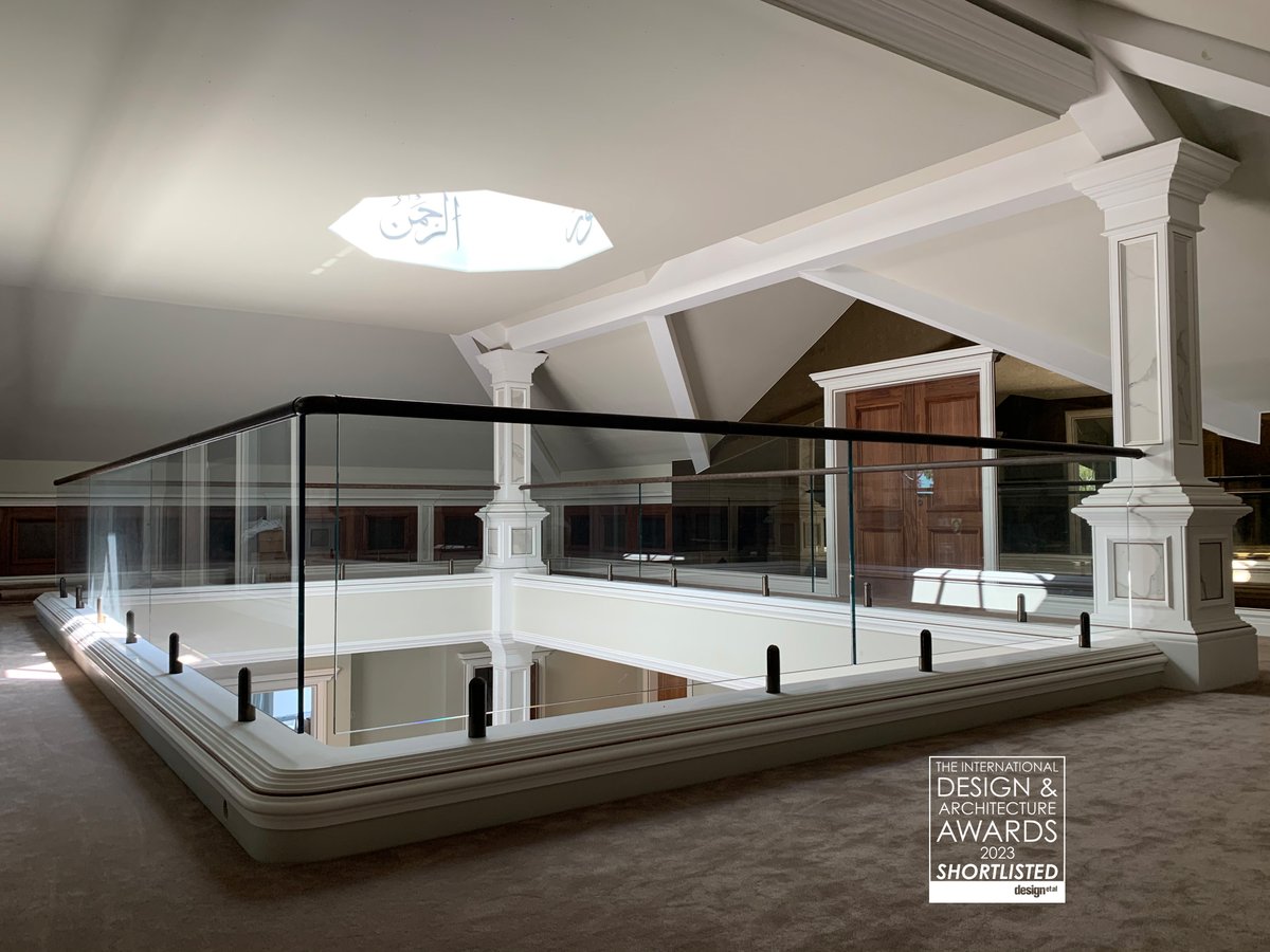 chrisfelldesign's tweet photo. An opulent base rail, glass balustrade, leather wrapped handrails, feature columns walnut doors, walnut accents on white, bronze antique mirror walls, bespoke cabinetry, designer carpet the unique MV Collection. Luxury Interior Architecture by Chris Fell Design #chrisfelldesign https://t.co/Q43A8Y1Tev