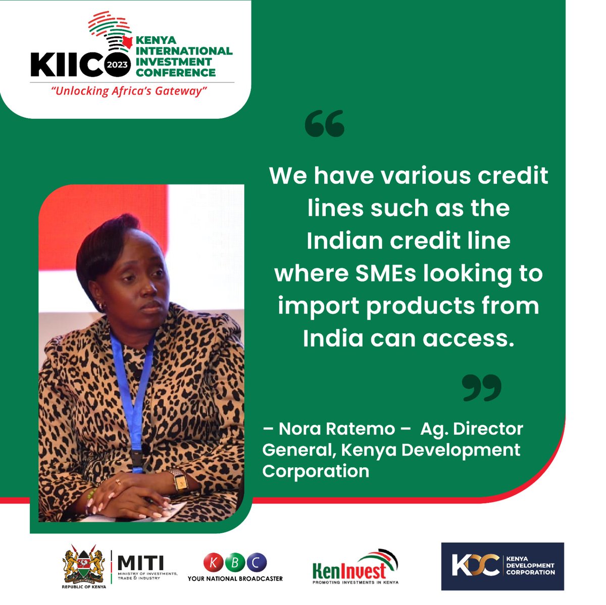 KBCChannel1's tweet photo. "We have various credit lines such as the Indian credit line where SMEs looking to import products from India can access."
-Nora Ratemo, Ag. Director General, Kenya Development Corporation
#KIICO2023 @KenInvest https://t.co/UQlcK6SLbU