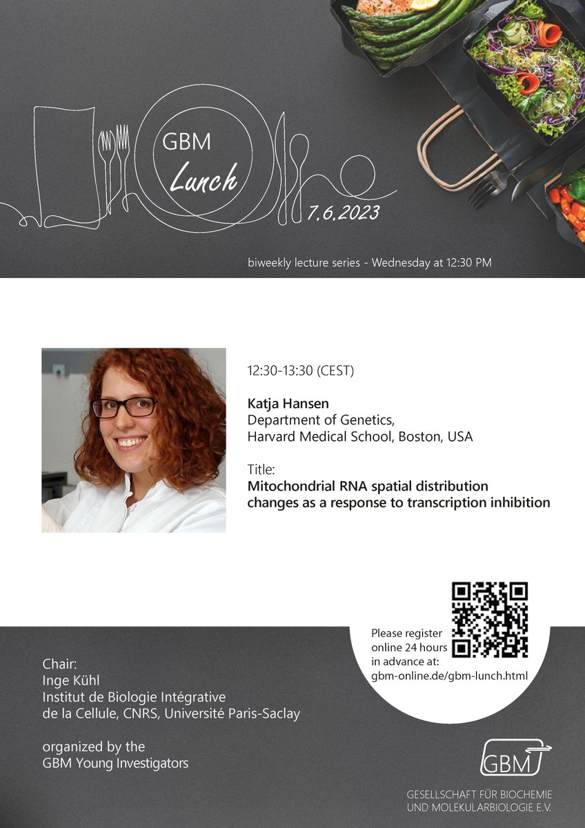 Save the date: 68th #GBMLunch on June 7, Katja Hansen <a href="/harvardmed/">Harvard Medical School</a> on “#MitochondrialRNA spatial distribution changes as a response to transcription inhibition”, organized by GBM Working Group #YoungInvestigators <a href="/IngeKuhl/">Inge Kühl</a>, more info at gbm-online.de/gbm-lunch.html